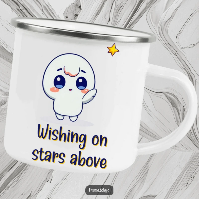 Funny star gazer camping mug showing a character with wide eyes pointing at a glowing falling star, evoking wonder.