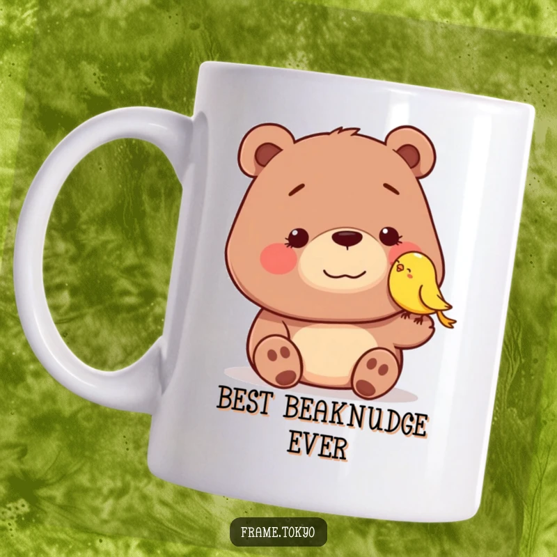Funny mug showcasing a dopey-smiling bear being gently nudged by a small, cheerful bird, radiating heartwarming and humorous friendship.