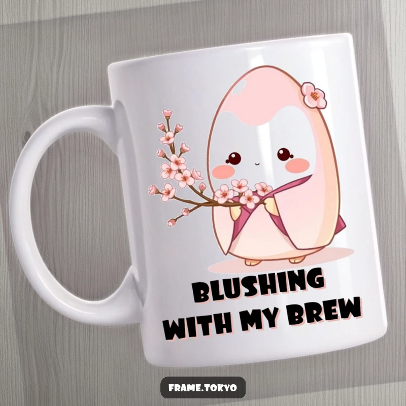 Funny shy onigiri character wearing a kimono, delicately holding a branch of pink cherry blossoms.