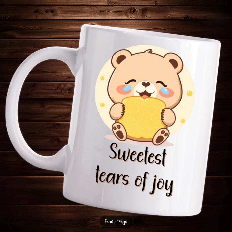 Funny mug featuring a bear with joyous tears ecstatically celebrating a giant, sweet honeycomb, radiating pure happiness and humor.
