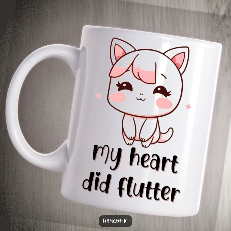 Funny Mug showing a character blushing and smiling shyly, conveying gentle happiness and endearing charm.