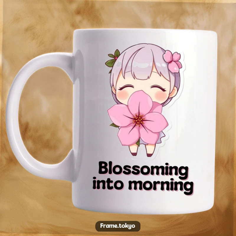 Funny Mug: A character with closed eyes and a big smile, joyfully embracing a vibrant, oversized cherry blossom.