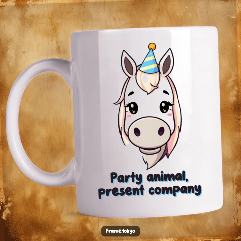 Funny party hat horse mug featuring a dopey smile, perfect for adding a touch of whimsical humor to your morning coffee routine.
