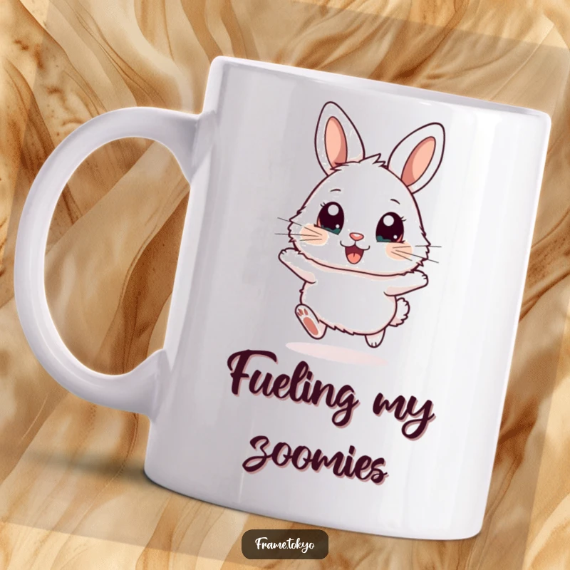Funny mug featuring a fluffy rabbit with huge, excited eyes, captured mid-hop in a moment of pure joy.