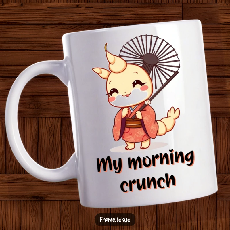 Funny kawaii tempura shrimp in a patterned kimono peeking from behind a fan, looking cute and shy on a mug.