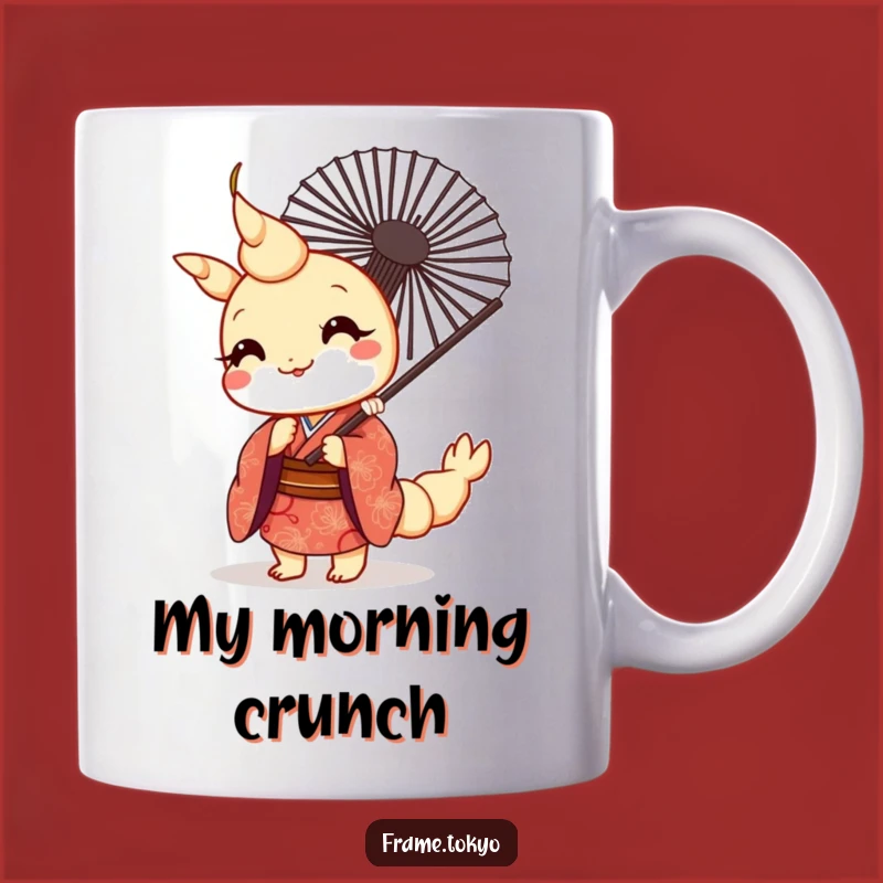 This charming mug features a kawaii tempura shrimp in a patterned kimono, peeking playfully from behind a fan. It's the perfect blend of cute and quirky for your daily brew.