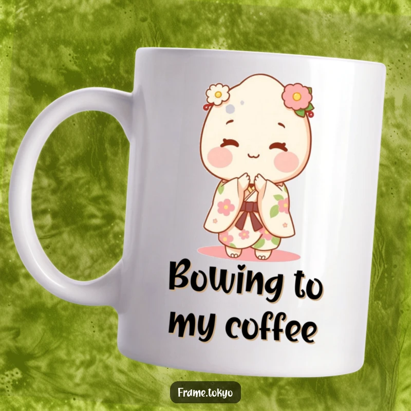 Funny happy mochi character wearing a floral kimono, gracefully bowing with a joyful expression.