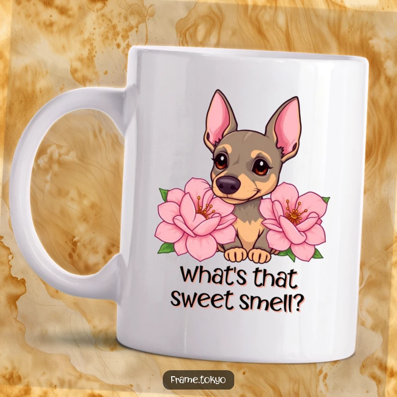 Funny pinscher mug showing a dog with a curious head tilt, sniffing giant, sweet-smelling flowers with gentle interest.