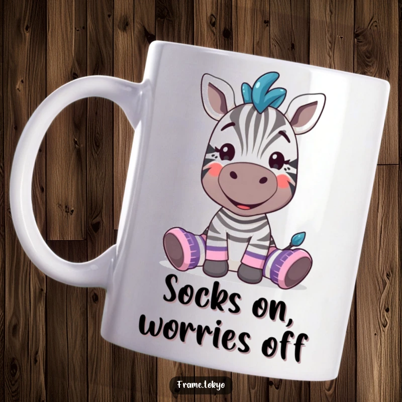 Funny zebra with a wide silly grin, sporting mismatched oversized socks, radiating pure, goofy joy.