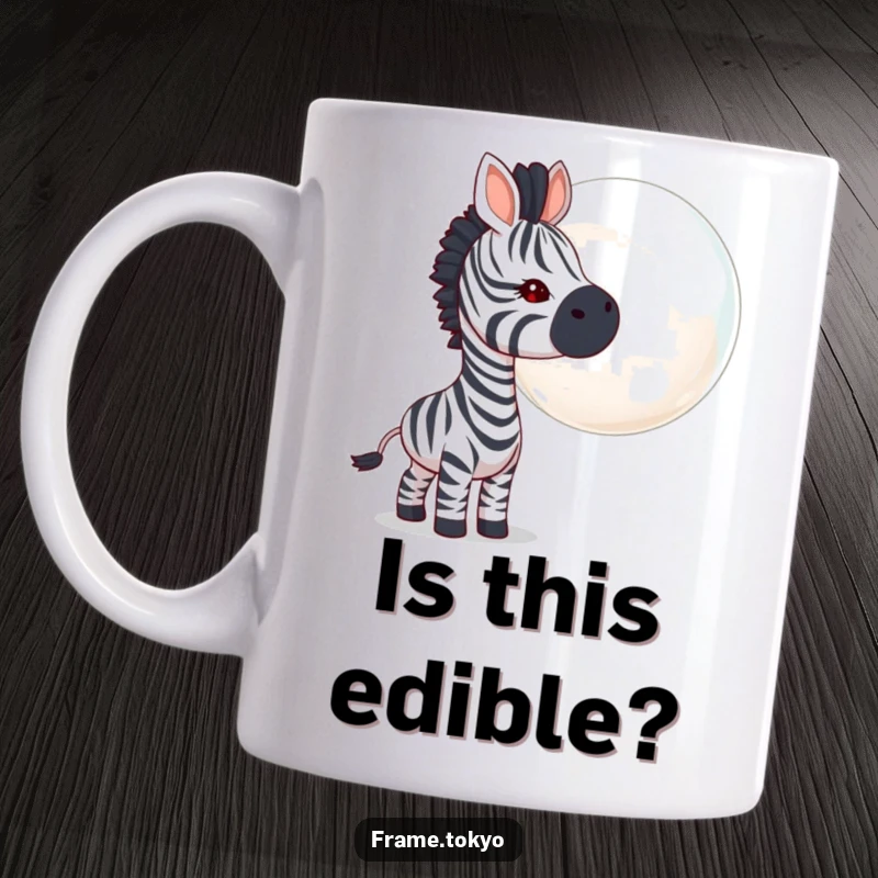 Funny zebra mug with curious head tilt, sniffing a giant iridescent bubble, full of wonder and amusement.