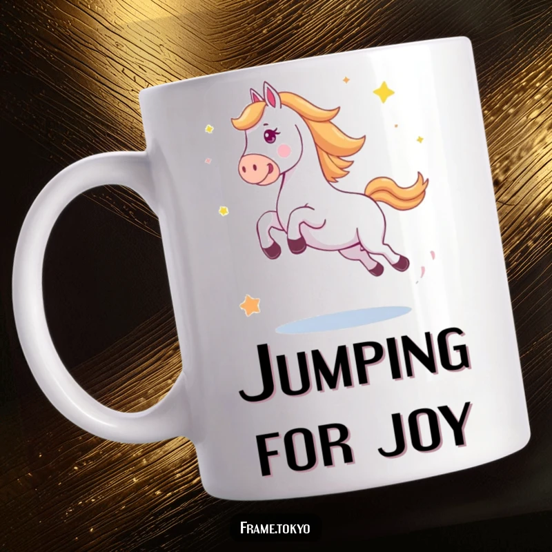 Funny horse mug depicting a horse in a big, happy jump with abstract stars scattering dynamically around it, capturing pure elation.