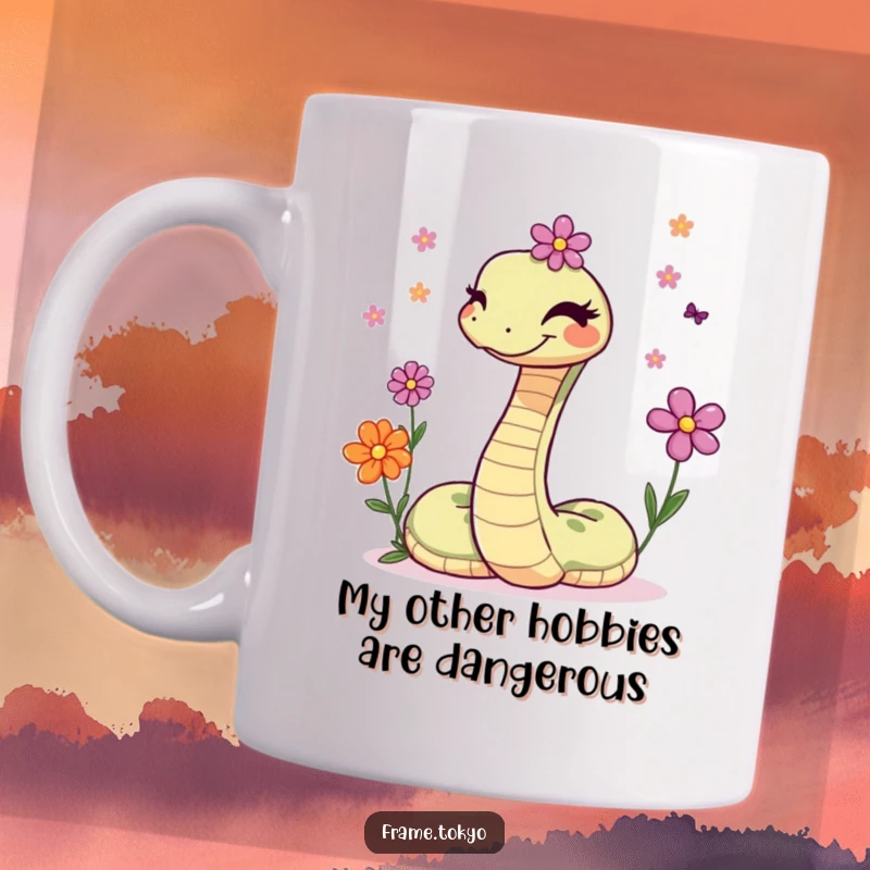 Funny snake mug featuring a mischievous snake winking playfully while juggling brightly colored flowers with expert skill.