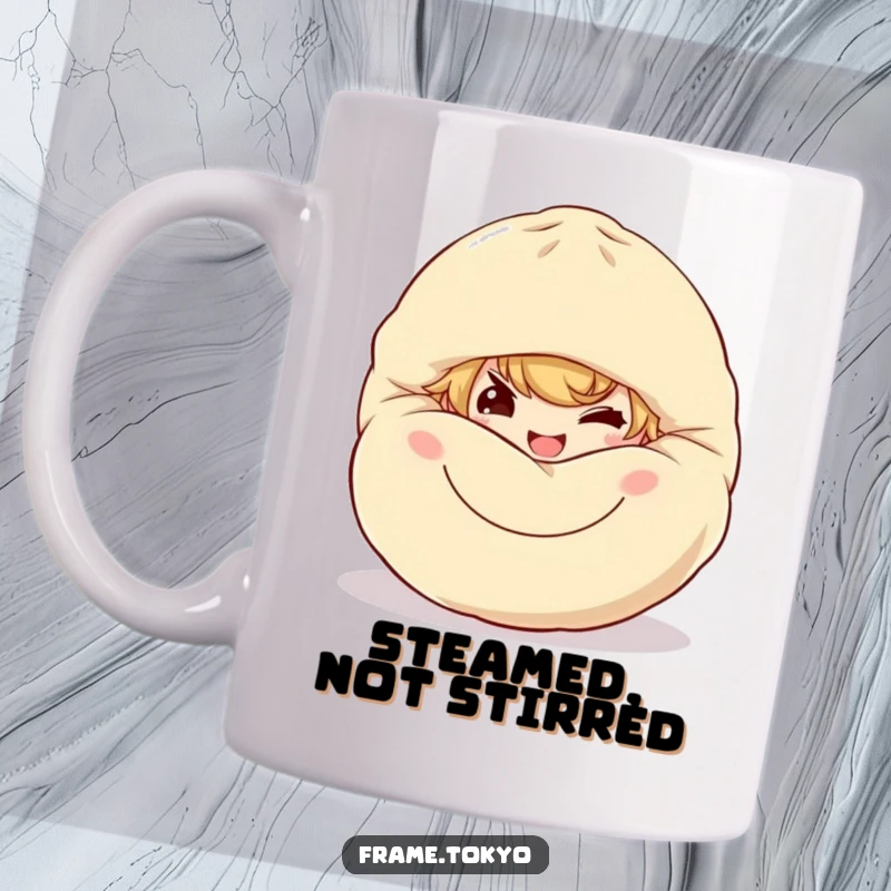 Funny character mug with a mischievous grin peeking from behind a large, smiling dumpling, suggesting a playful secret.