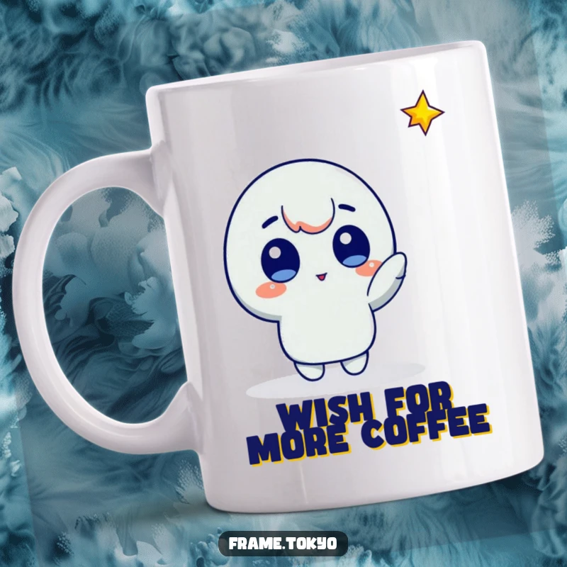 Funny character mug with wide eyes pointing at a falling star, conveying awe, wonder, and hopeful anticipation.