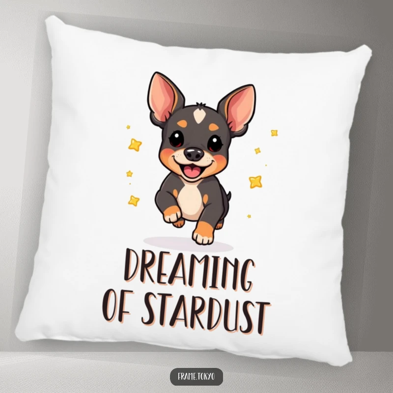 Funny pinscher dog pillow, mid-pounce, scattering a delightful shower of little, shiny stars. Adds cozy charm.