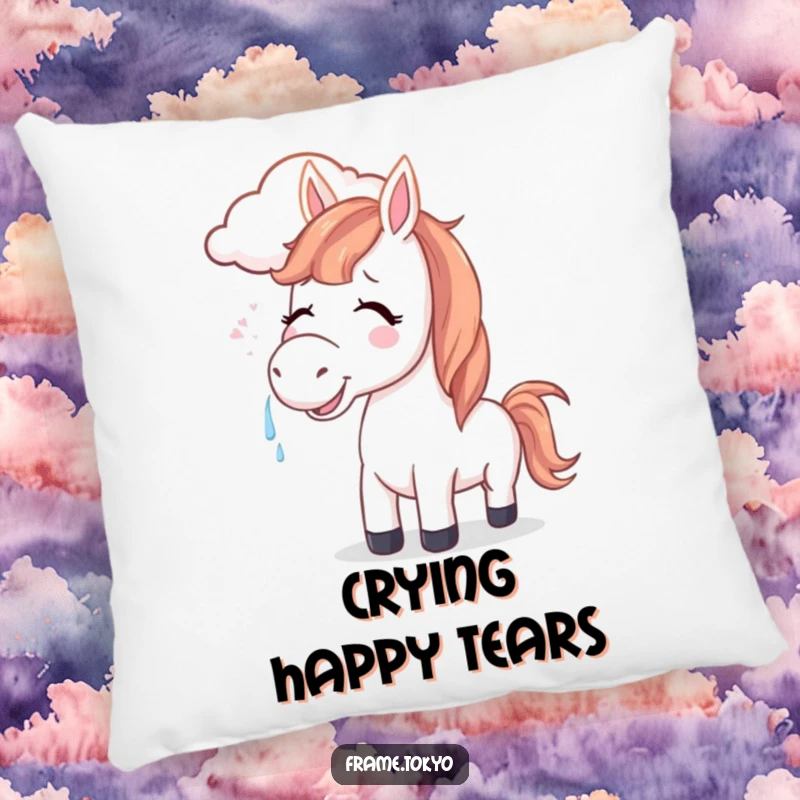 Funny horse pillow featuring a joyful horse with tears, its mane gently blown by a smiling cloud, ideal for comfort.