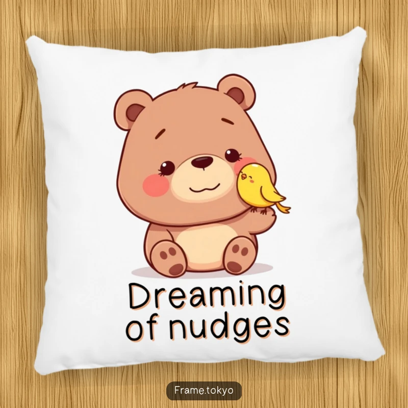 Funny pillow showcasing a dopey-smiling bear being gently nudged by a tiny, smiling bird, offering comfort and a humorous visual.
