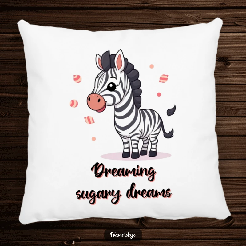 Funny zebra in a joyful wave, juggling small striped candies, featured on a soft and hilarious pillow.