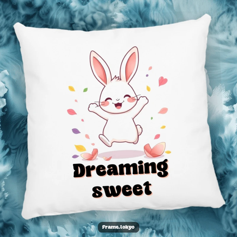 Funny Kawaii rabbit pillow showing a joyful rabbit in a happy leap surrounded by colorful abstract petals, soft and cheerful.