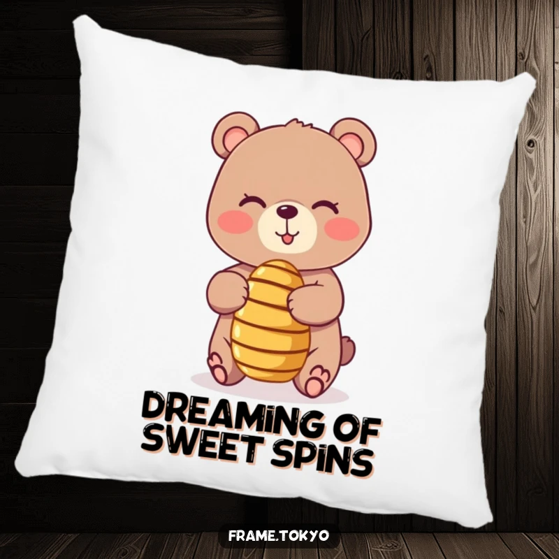Funny pillow showcasing a playful, winking bear balancing a tiny, spinning honey dipper, offering comfort and a humorous, sweet visual.