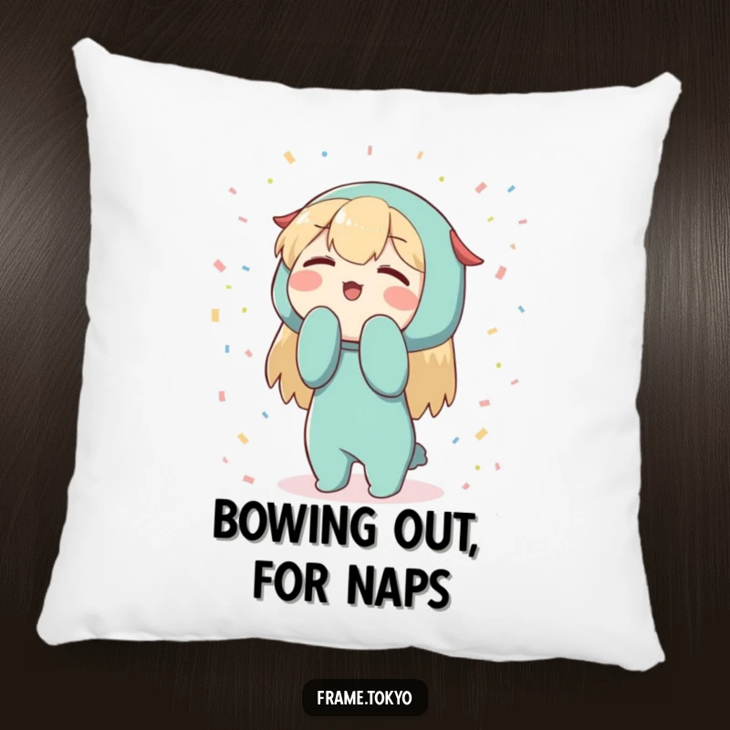 Funny Character Pillow: Enthusiastic bowing character amidst confetti, a cute and humorous accent pillow.