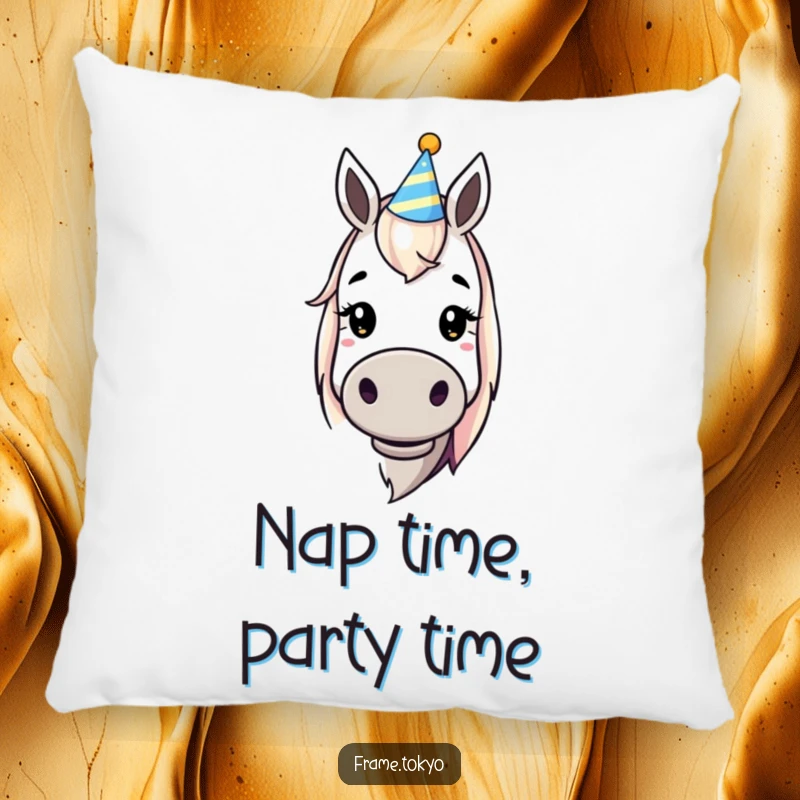 Funny dopey horse party hat pillow, a soft and huggable accent piece that brings a smile with its charmingly silly equine character.