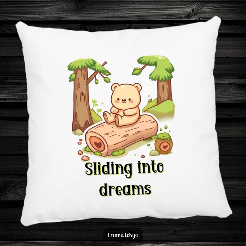 Funny bear pillow with a happy bear sliding down a mossy log, offering comfort and humorous joy.