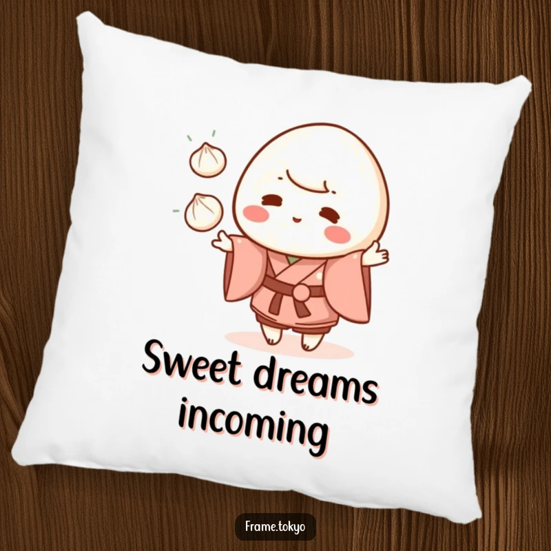 Funny mochi character wearing a kimono, juggling three small dumplings, on a soft and decorative pillow.