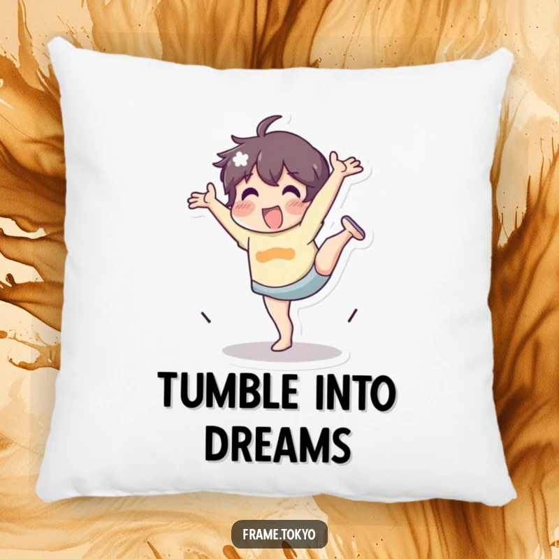 Funny Pillow with a character doing a cartwheel with energetic enthusiasm, perfect for adding cozy fun and playful vibes.