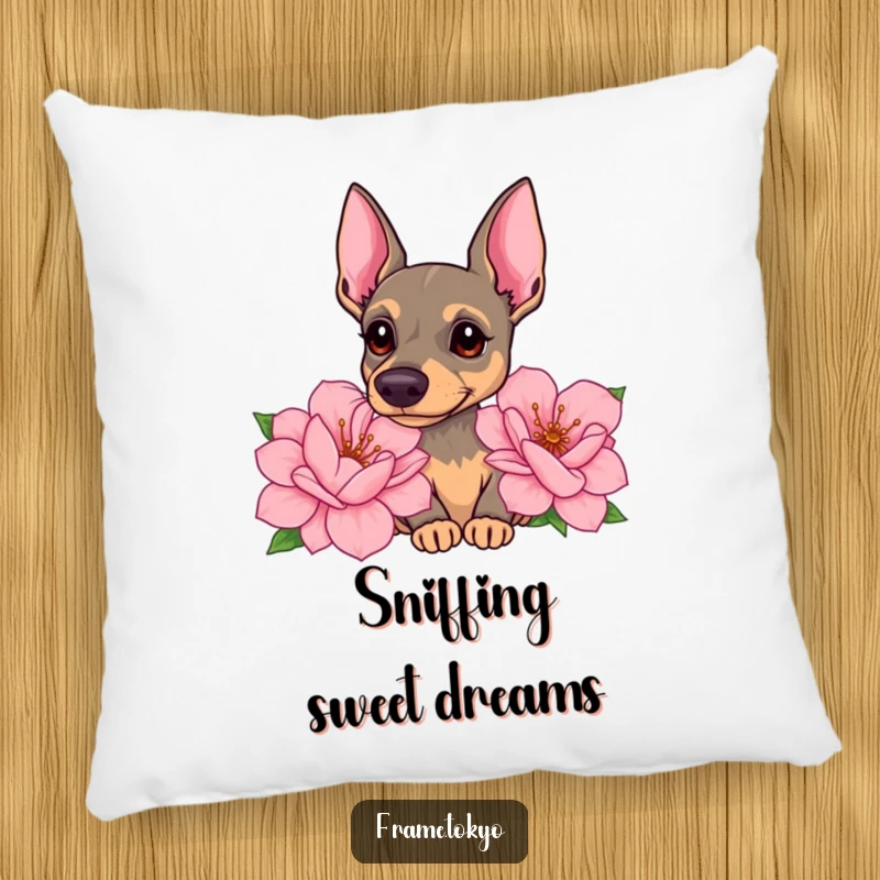 Funny pinscher pillow showcasing a dog with a curious head tilt, sniffing giant, sweet-smelling flowers with gentle interest.