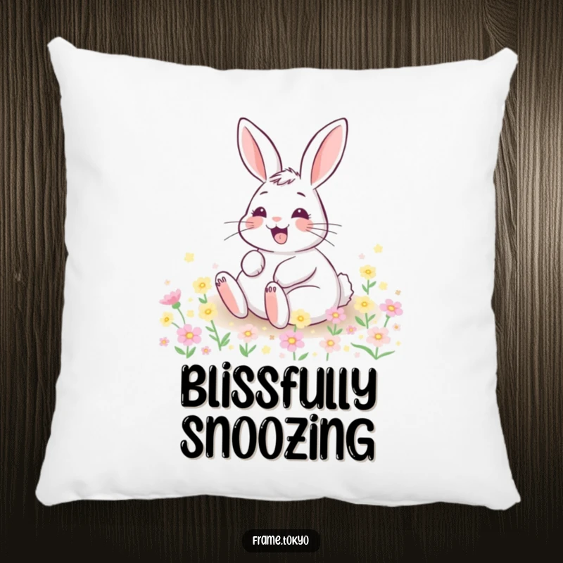 Funny pillow showing a happy rabbit with a wide grin rolling in a field of tiny, glowing flowers, offering cozy humor.