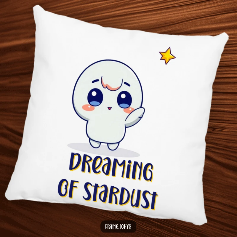 Funny star gazer pillow showing a character with wide eyes pointing at a bright falling star, full of hopeful wonder.