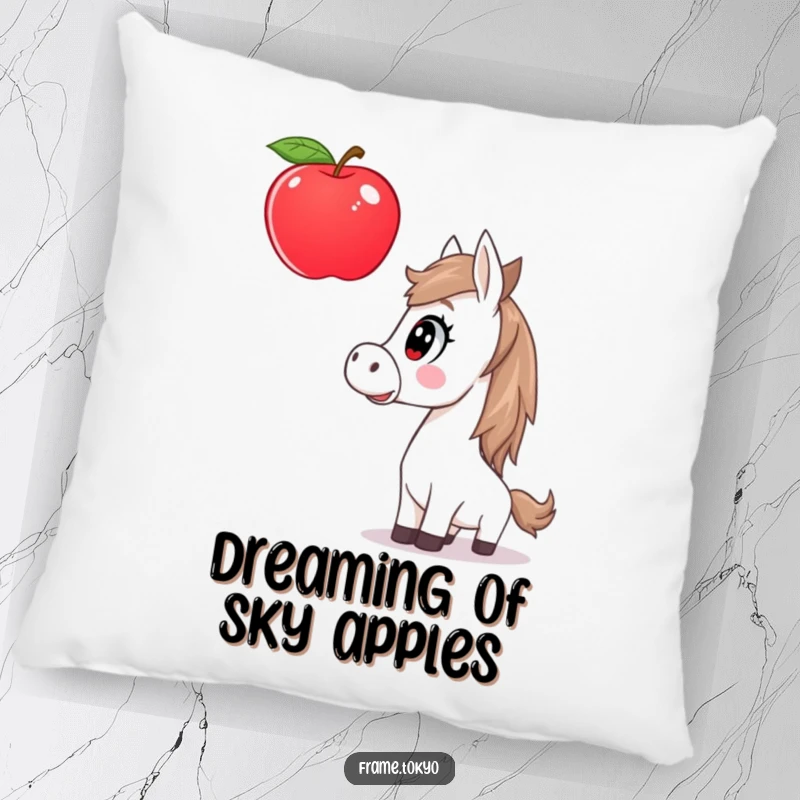 Funny horse pillow featuring a surprised equine staring at a giant, floating apple, ideal for adding comfort and humor.