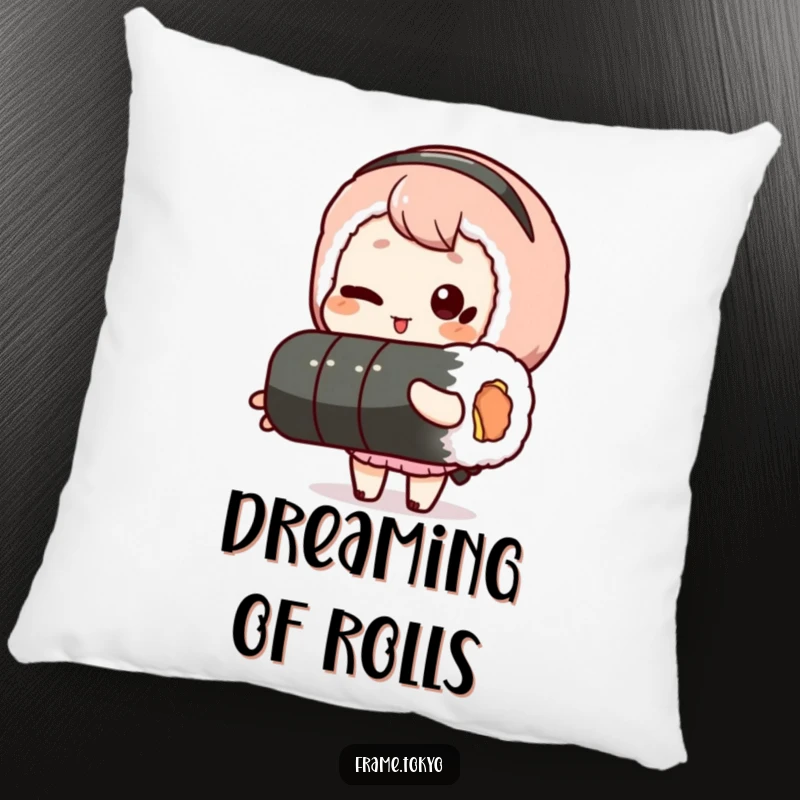 Funny pillow featuring a winking character holding a long sushi roll, perfect for comfortable and humorous decorative accents.
