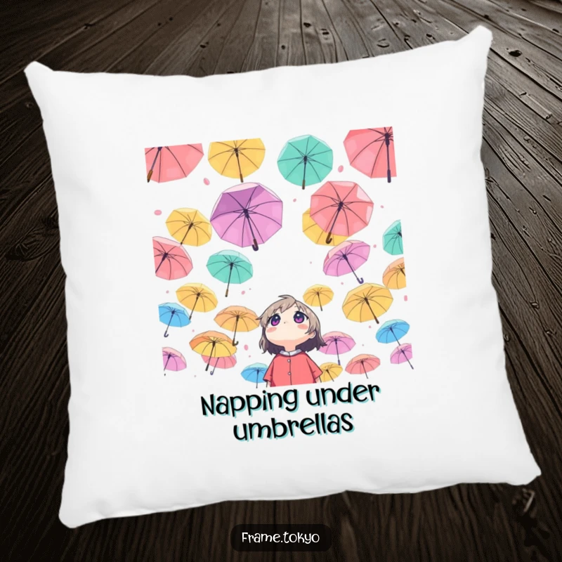 Funny Character Pillow: Character looking up at a sky of colorful umbrellas, a cute and whimsical accent pillow.