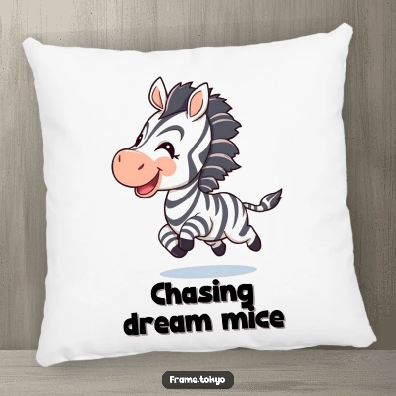 Funny zebra pillow; a joyful zebra chases its tail, bringing comfort and a splash of hilarious fun.