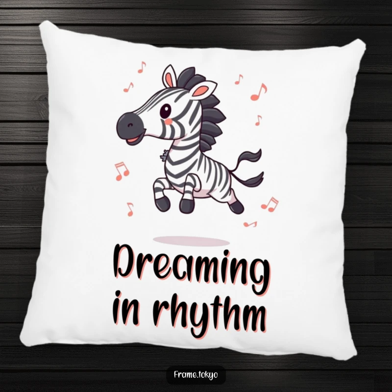Funny zebra leaping with joy surrounded by musical notes, a cozy and hilarious pillow for music enthusiasts' living spaces.
