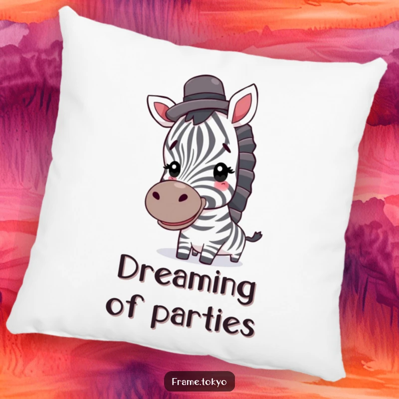 Funny zebra pillow; a smiling zebra with a tiny top hat adds comfort and whimsical humor to any room.
