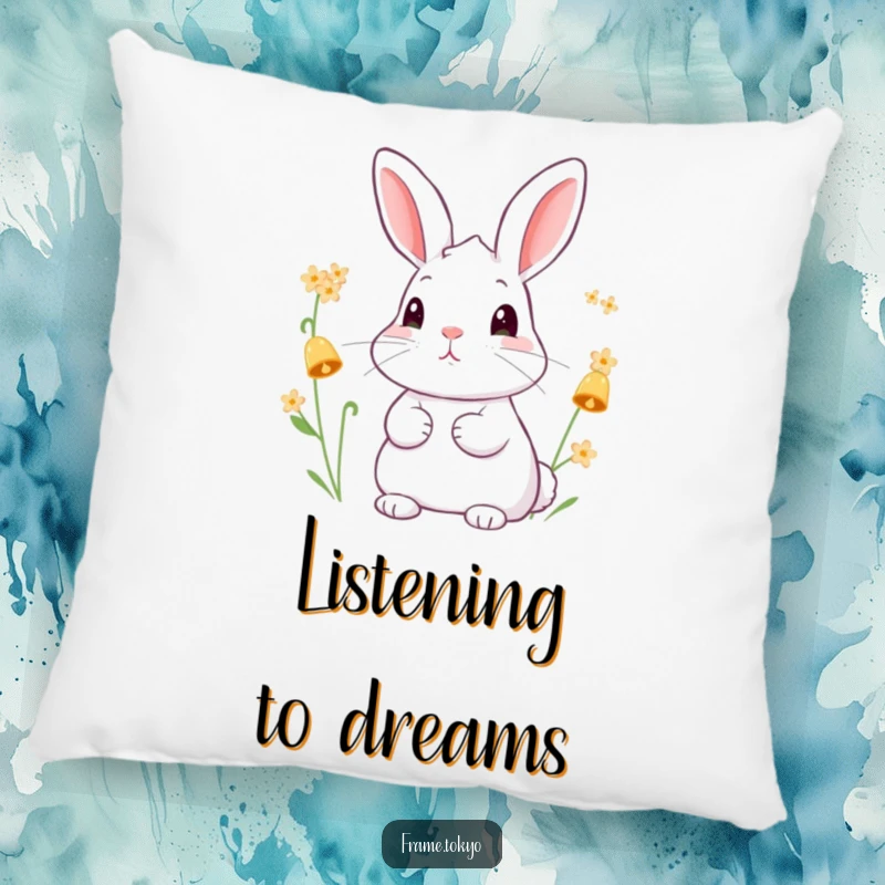 Funny pillow illustration of a rabbit with perked ears, peacefully listening to the soft chime of tiny, bell-shaped flowers.
