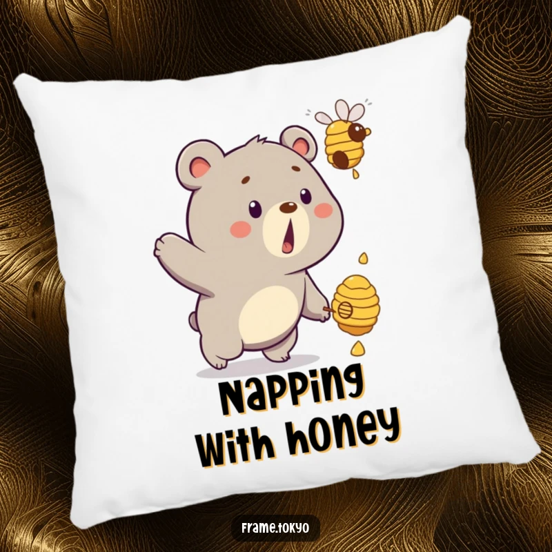 Funny bear pillow with a surprised bear comically chasing a dripping beehive, offering comfort and humor.