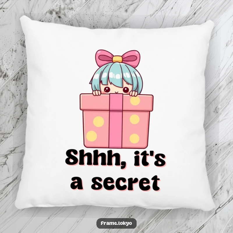 Funny Pillow featuring a cute character peeking from behind a large gift box, perfect for adding a touch of playful comfort.