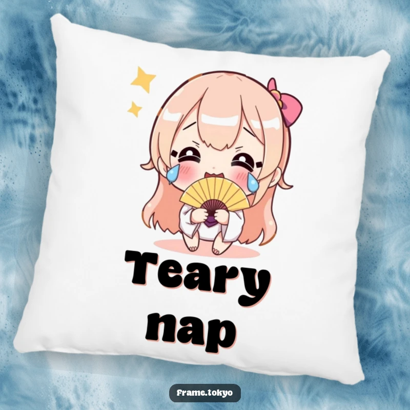 Funny pillow with a character crying happy tears and holding a shimmering fan, offering comfortable and humorous decorative accents.