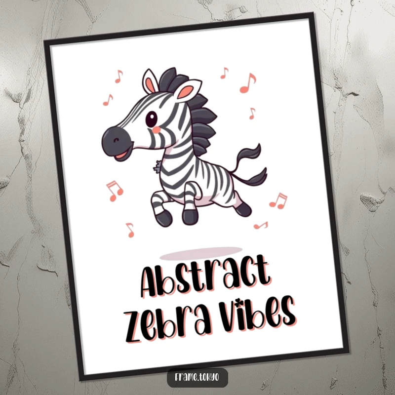 Funny zebra leaping ecstatically amidst colorful abstract musical notes, a high-resolution digital art print for vibrant spaces.
