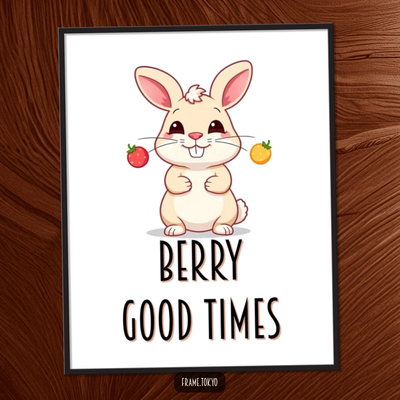 Funny digital art print of a rabbit with a silly grin, skillfully juggling three small, glowing berries.