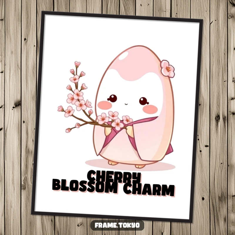 Shy onigiri character in a kimono delicately holding a cherry blossom branch, captured in this serene digital art.