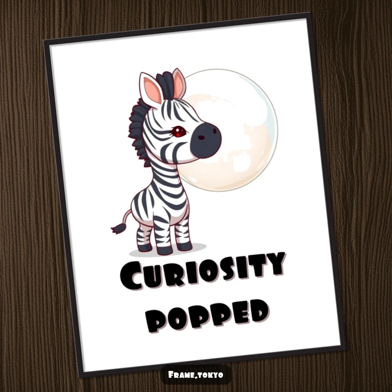 Funny zebra digital art print, curious head tilt, sniffing a giant iridescent bubble, conveying playful wonder and amusement.