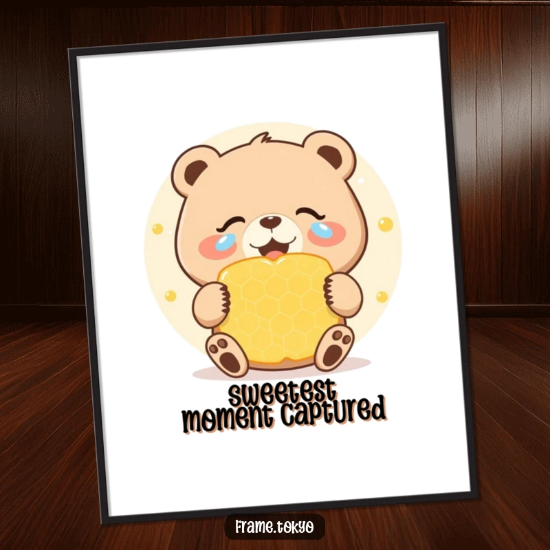 Funny digital art print of a bear crying tears of joy while celebrating a giant, sweet honeycomb, radiating humorous happiness.