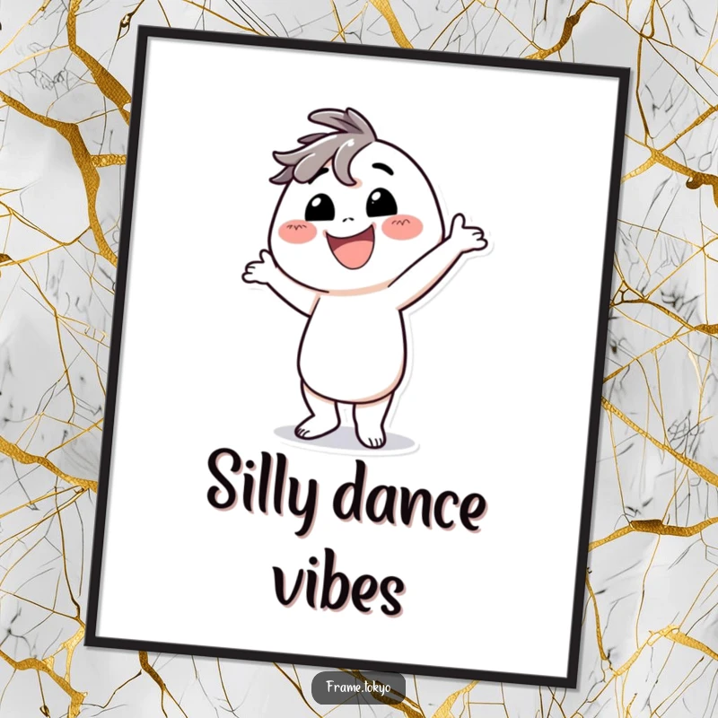 Funny digital art print of a character with a massive smile, striking a hilariously silly dance pose.