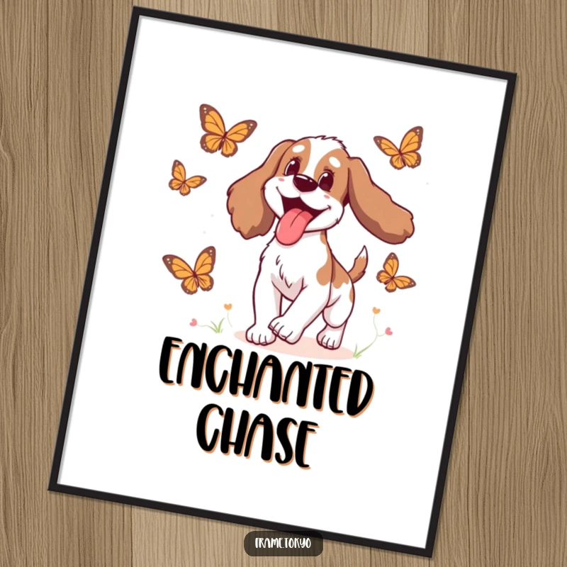 Funny Spaniel Digital Art print of a spaniel with its tongue out delightedly chasing animated butterflies, ready for download.