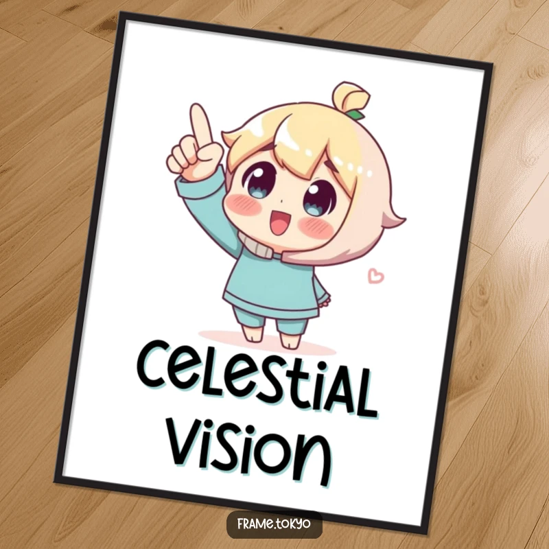 Funny Digital Art Print of a character pointing upwards with a look of pure wonder and excitement, inspiring awe.